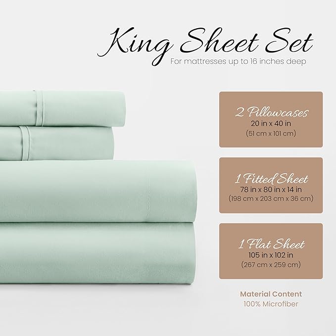 Linen Market Brushed Microfiber King Sheet Set 4 Piece – Oeko-TEX Certified Ultra Soft & Wrinkle-Free - 16" Deep Pocket Sheets - Easy Care King Size - Mint