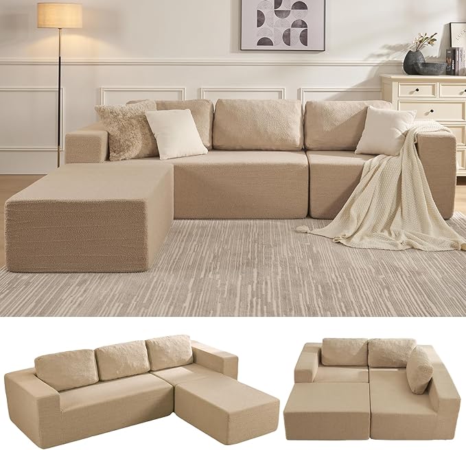 106" Modular Sectional Couch Left/Right Facing Convertible, L-Shape Modern Teddy Sofa, Deep Seat Upholstered Foam Couch for Living Room Bedroom, No Assembly Required (Camel, Teddy Boucle)