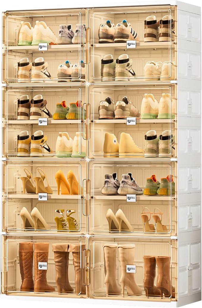 28 Pairs Shoes and Boots Storage Cabinet of 3-Step Fast Installation,Plastic Shoe Box with Clear Magnetic Door for Display, Shoe Organizer for Sneaker, Sandals, Heels (2 Row, 7 Tier)