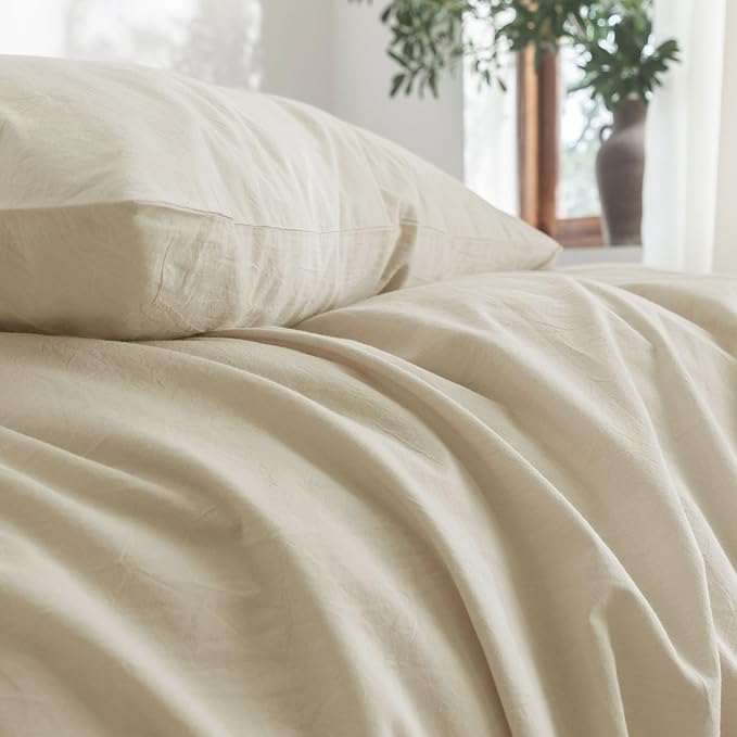 FOSSA Duvet Cover Set 100% Washed Cotton Linen Feel Super Soft Breathable Cozy 3 Pieces Bedding Sets Solid Almond Grey Queen