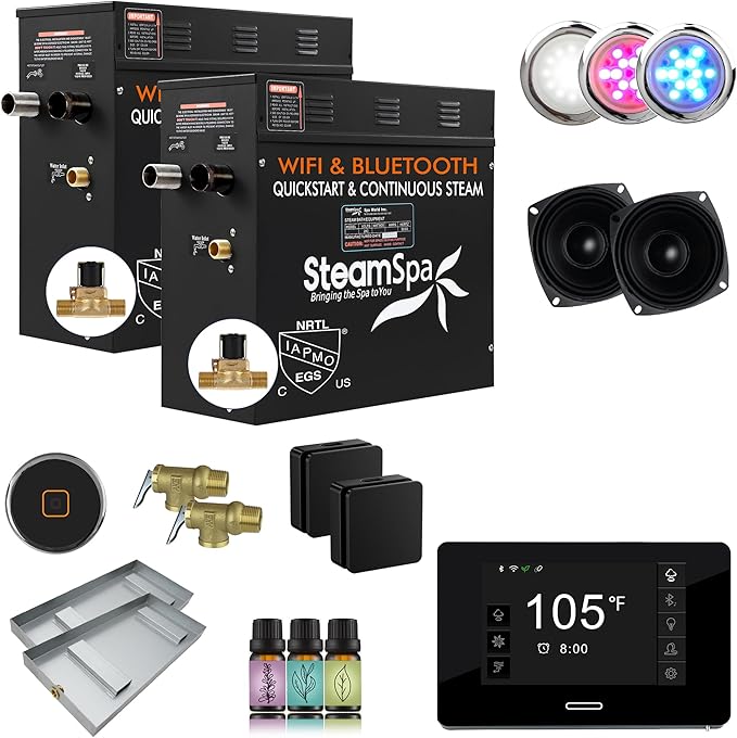 SteamSpa Steam System 18kW Steam Shower Generator with Bluetooth Wifi, Quickstart Continous Steam, Advanced Touch Pad Screen, Chroma Lights, Drain Pan and Auto Drain Black RVBS1800BK-A