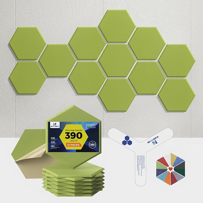Self-Adhesive Acoustic Panels [390 lbs/yd³ Ultra-High Density], 2nd Generation Sound Absorbing Panel, Professional Level Sound Panel, Polyester Soundproof Foam [Size M, Fruit Green]