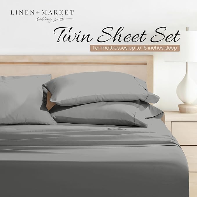 Linen Market Bed Sheets for Twin Size Bed (Gray) - Sleep Better Than Ever with These Soft and Cooling Twin Sheets - Deep Pocket Fits 16" Thick Beds - 3 Piece Twin Sheet Set