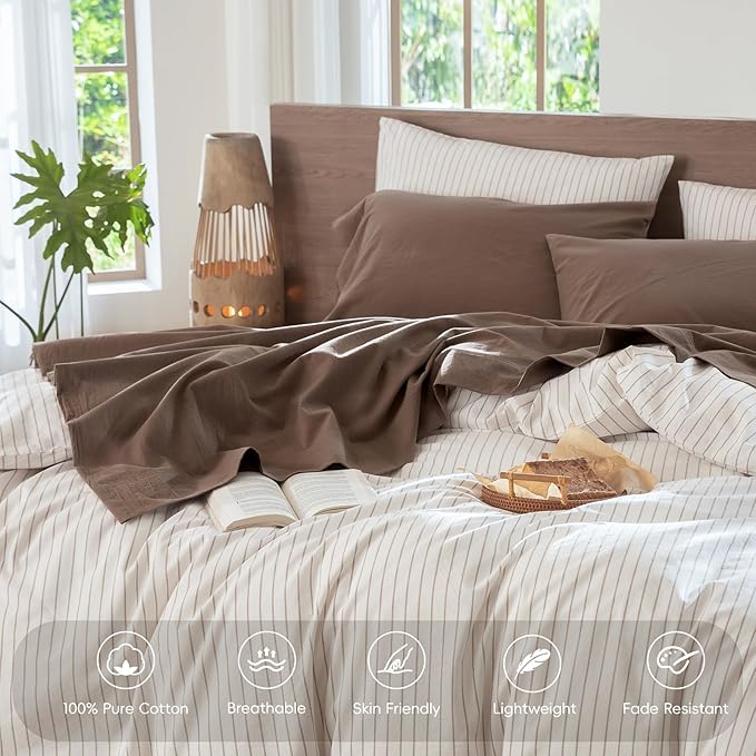 MooMee Bedding Sheet Set 100% Washed Cotton Linen Like Textured Breathable Durable Soft Comfy (Solid Brown, California King)