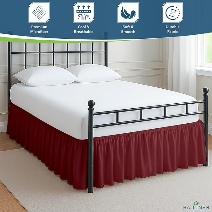 Rajlinen Ruffled Bed Skirt King, 8 Inch Drop Dust Ruffle with Split Corners, 100% Microfiber Bedskirt with Platform, Three-Sided Coverage Ruffled Gathering Design, Burgundy