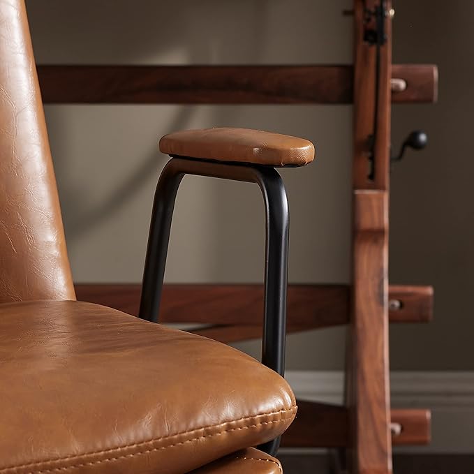 Art Leon Desk Chair No Wheels, Set of 2, Mid Century Modern Swivel Chair with Oak Wood Legs, Faux Leather Home Office Desk Chairs for Bedroom Living Room, Yellow Brown