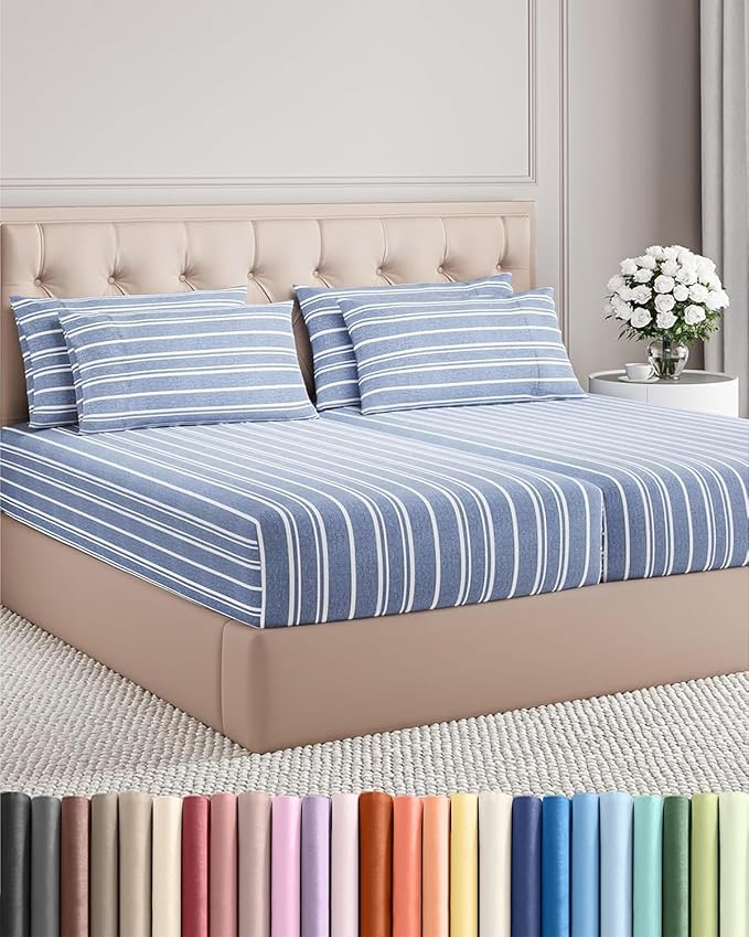 Split King 7 Piece Sheet Set - Cooling & Breathable - Hotel Luxury Bedding Includes Fitted Sheets for Women, Men, Kids & Teens - 1 Flat, 2 Fitted Sheets, 4 Pillowcases w/Deep Pockets - Blue Stripes