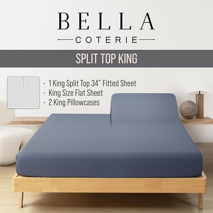 Bella Coterie Luxury Bamboo Viscose 34” Split Top King Size Sheet Set | 1 Fitted Sheet for Sleep Number & Adjustable Beds | 100% Organically Grown | Cooling & Soft | 18” Deep Pocket [Slate Blue]