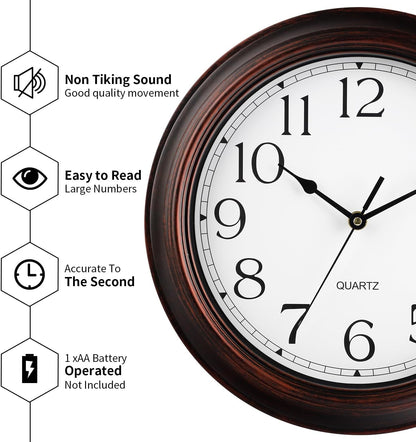 12 Inch Wall Clocks Battery Operated Silent Non-Ticking Wall Clock Vintage Retro Rustic Style Decorative for Living Room Kitchen (Bronze)
