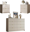 3-Piece Dresser Bedroom Set, 8 Drawer Dresser & 2 Drawer Nightstands with Gold Handles, Fluted Wood Chest of Drawers for Bedroom, Living Room, Entryway, Beige