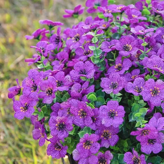 HyeFlora Artificial Flowers for Outdoor Indoor Garden Home Decoration, Faux Flower Daisy with Eucalyptus Leaves Fake Plants Greenery Boxwood Porch Patio, 12 Bundles (Purple)