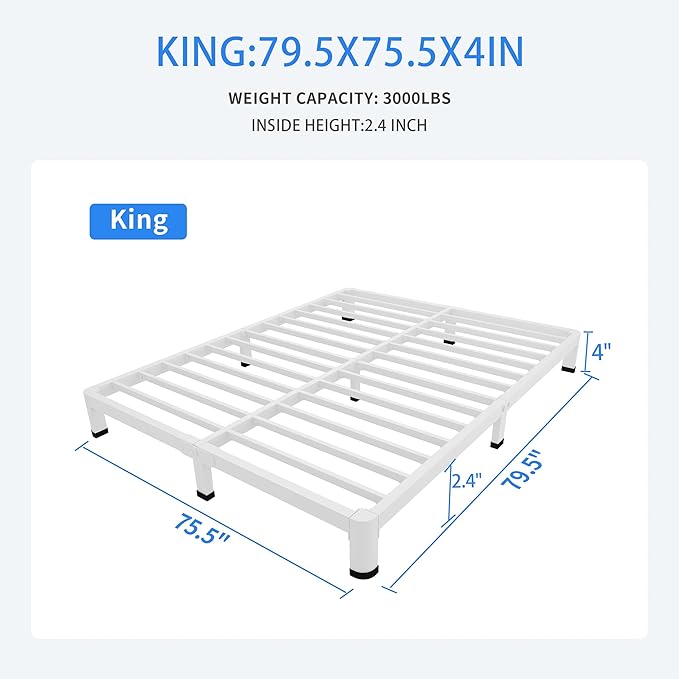 MAF 4 Inch King Metal Platform Bed Frame White with Round Corner Legs, Mattress Slide Stopper, 3000 LBS Heavy Duty Steel Slats Support, Noise Free, No Box Spring Needed, Easy Assembly