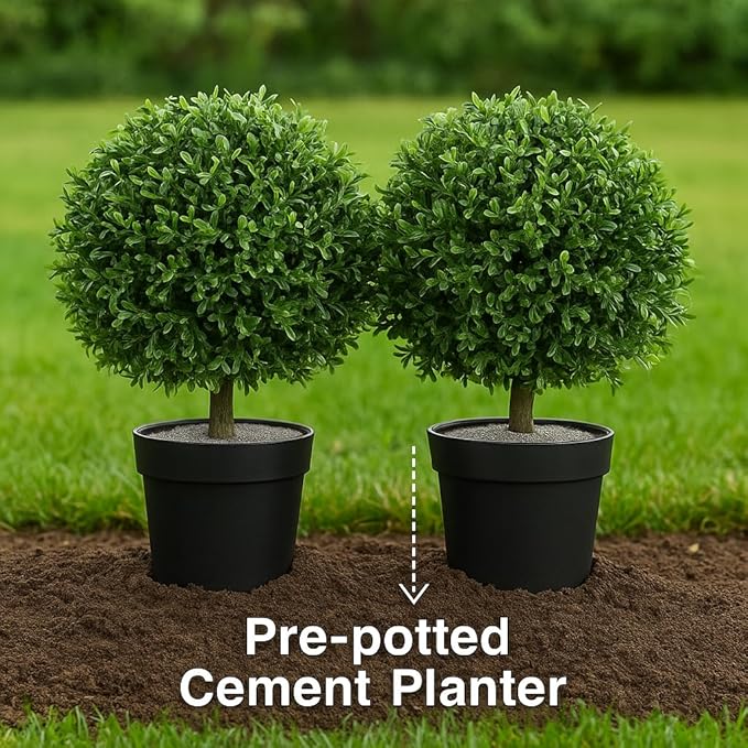 24" H x 17" W Artificial Boxwood Topiary Ball – Realistic UV-Resistant Artificial Shrub with Weighted Pot, Set of 2 – Indoor/Outdoor Year-Round Green Décor for Porch, Garden, Patio