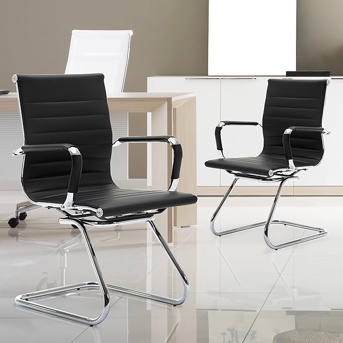 Wahson Office Guest Chairs Set of 2, Leather Reception Chairs, Mid Back Waiting Room Chair, Conference Chairs with Sled Base, Desk Chair No Wheels for Meeting/Lobby/Restroom, Black