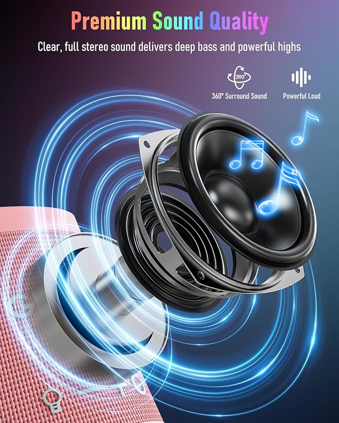 Portable Bluetooth Speaker Wireless with 9 Color Lights, 20H Playtime, Stereo Pairing, Deep Bass, IPX6 Waterproof, Bluetooth 5.3, Small Speaker for Home, Party, Outdoor, Camping, Beach, Gift