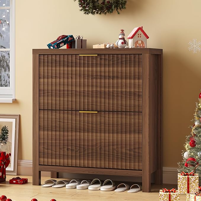 Shoe Cabinet Storage for Entryway, Fluted Shoe Cabinet with 2 Flip Drawers, Hidden Shoe Rack Tall Freestanding Shoe Organizer with Legs for Hallway, Walnut