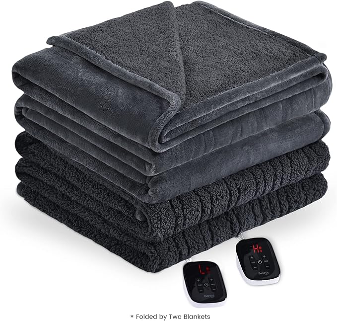 Bearhug Heated Blanket King Size 100" x 90" Dual Controller Electric Blanket, Velvet & Sherpa 10 Heating Levels & 1-12H Auto Off, Over-Heat Protect, ETL, Machine Washable