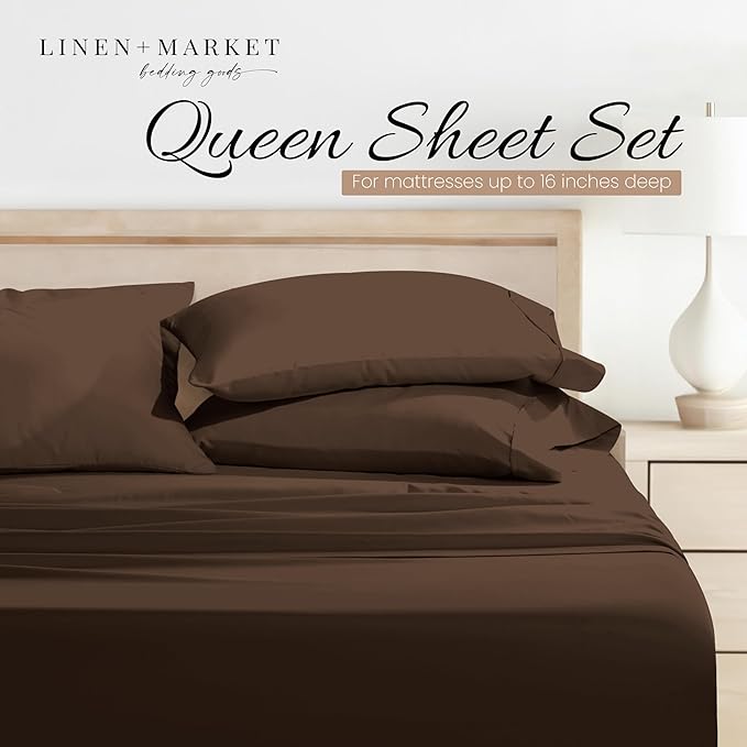 Linen Market Brushed Microfiber Queen Sheet Set 4 Piece – Oeko-TEX Certified Ultra Soft & Wrinkle-Free - 16" Deep Pocket Sheets - Easy Care Queen Size - Chocolate