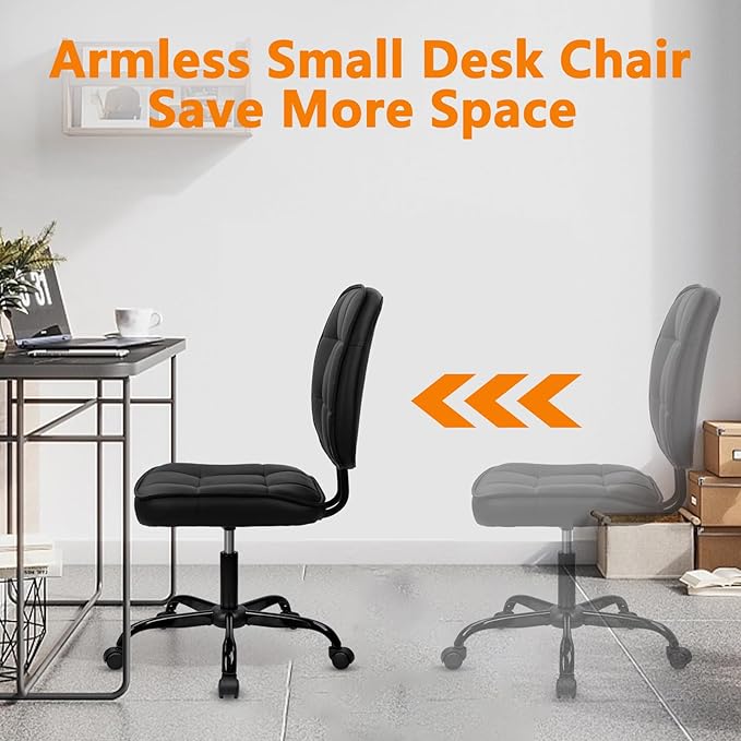 CLATINA Armless Home Office Chair with Lumbar Support and Wheels, Small PU Leather Ergonomic Low Back Desk Chairs No Arms, Adjustable Height 360° Swivel Rolling Computer Task Chair, Black, 6 Pack
