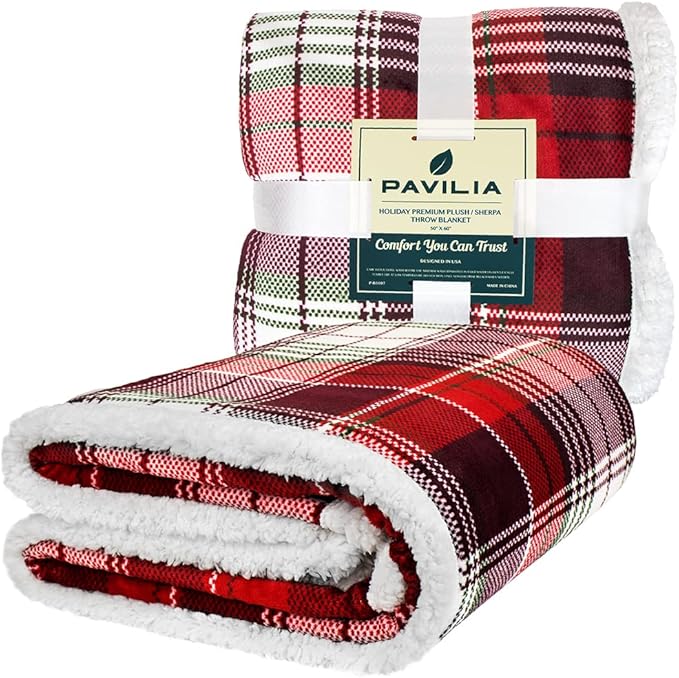 PAVILIA Christmas Plaid Blanket | Sherpa Fleece Flannel Throw Blanket | Christmas Plaid Warm Plush Microfiber Blanket for Couch Sofa | 60x80 Inches