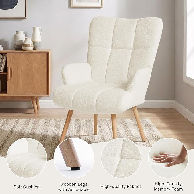 Joysoul Modern Accent Chair, High Back Arm Chair with Wood Legs Sofa Seat Teddy Fleece Fabric Reading Chair for Living Room Bedroom Waiting Room (White)