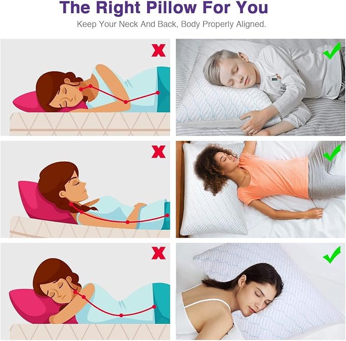 Cooling Shredded Memory Foam Pillows for Sleeping Cool Cold Pillow Standard Size Set of 2 with Zipper, Adjustable Firmness to Hot, Side, Back and Stomach Sleepers, 2 Pack, 20x26