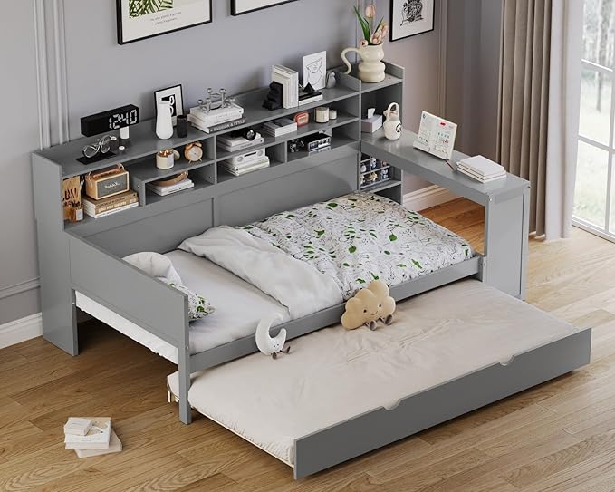 Merax Twin Size Corner Bed Frames with Desk and Trundle & Storage Shelves Headboard, Pinewood U-Shaped Captain Daybed for Small Room, Bedroom, Guest Room, Kids' Room, Grey