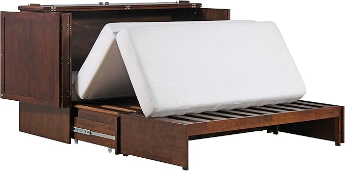 Emurphybed Paradiseo Murphy Cabinet Chest Bed with Charging Station 6 Inch, Queen (Tobacco)