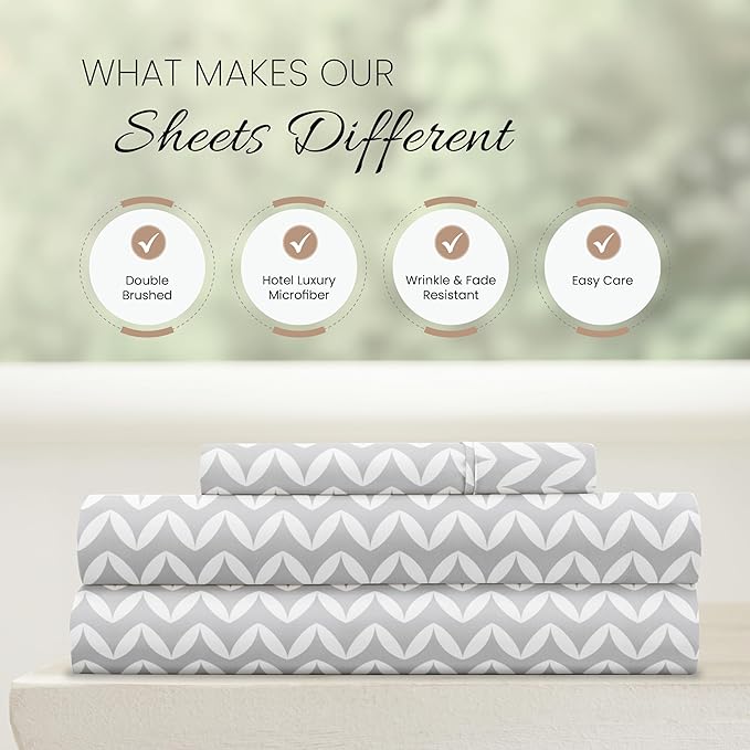 Linen Market Double-Brushed Patterned Microfiber Twin Sheet Set 3 Piece – Oeko-TEX Certified Ultra Soft & Wrinkle-Free - 16" Deep Pocket Sheets - Easy Care Twin Size - Puffed Chevron Light Gray