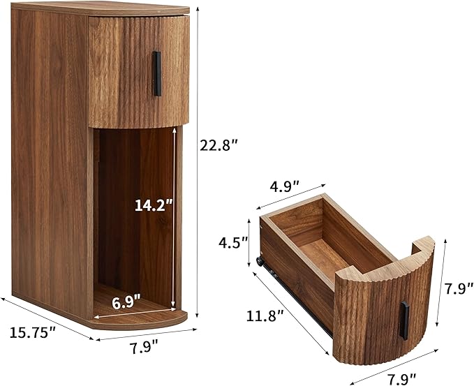 Narrow Nightstand Set of 2, Fluted Small Night Stand, Slim Curved Storage End Table with Drawer, Mid Century Modern Wooden Bedside Cabinet for Living Room, Bedroom,Small Spaces, Walnut