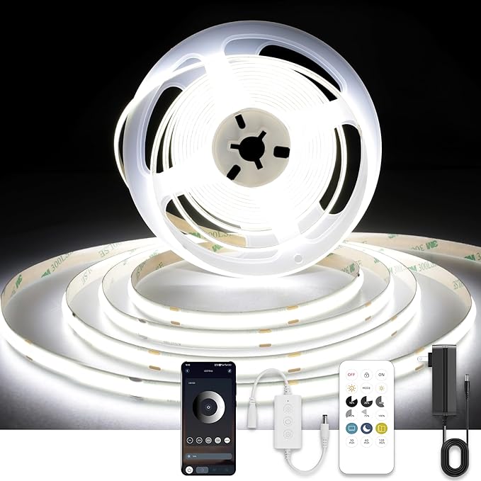 COB LED Strip Lights with Remote, 24V 9.84ft White Dimmable LED Light Strips, High Bright 6000K LED Lights with Power Supply for Room, Kitchen, DIY Home Decoration