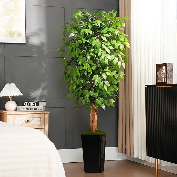 6ft Ficus Artificial Tree with 3 Natural Curved Trunks, 74" Tall Lush Faux Tree for Home Decor Indoor, Green Lifelike Fake Ficus Tree with Black Planter Pot