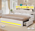 VIAGDO King Bed Frame with Storage Headboard and Charging Station, Boucle Upholstered Bed Frame King Size with 4 Drawers and LED Lights, Type C and USB, No Box Spring Needed, Cream White