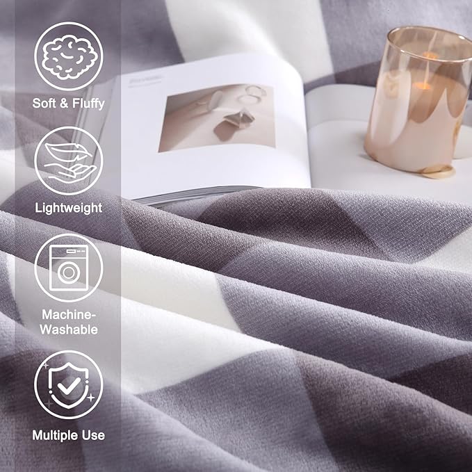 Sherpa Blanket Throw Blanket for Couch Sherpa Fleece Blanket Fluffy Checkered Soft Blanket for All Season Use Cozy Thick Warm Big Throws (Grey-Soft White, 80"*90")