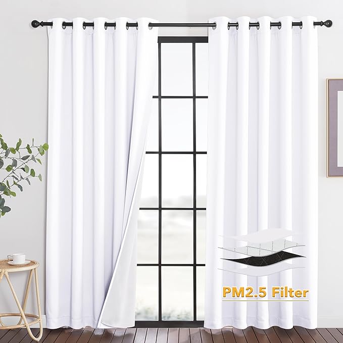 RYB HOME Dustproof Curtains for Large Window, Soundproof Thermal Insulated Blackout Curtains for Sliding Glass Door Furance Office Dorm Bedroom Living Room, White, W62 x L95 inch, 2 Panels