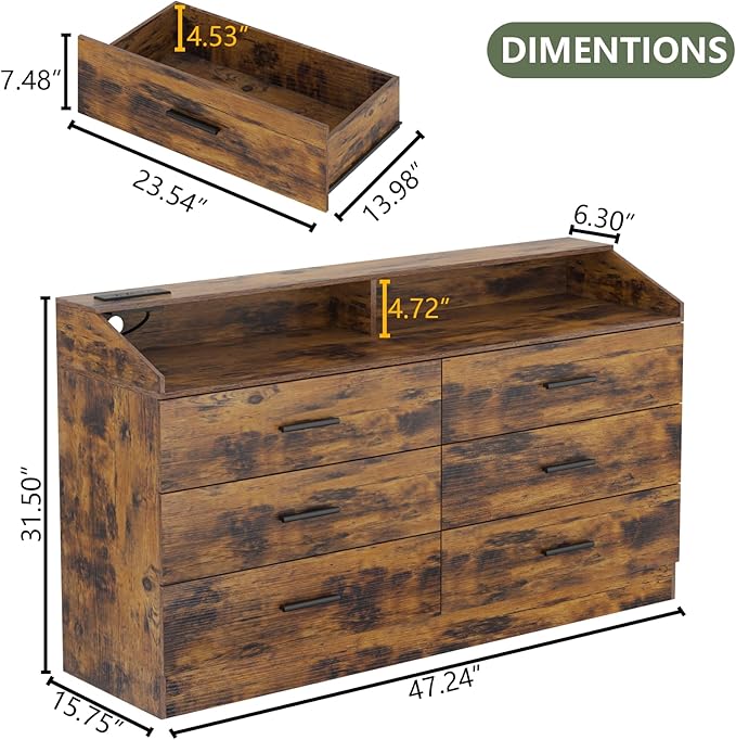 6 Drawer Dresser with Power Outlet, Chest of Drawers with LED Light, Modern Dresser with Open Storage Cubby, Double Wide Dressers Organizer for Bedroom, Living Room, Entryway, Hallway
