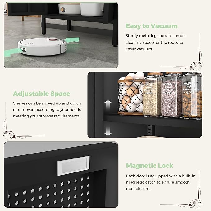 COFaR 4 Tier Black Metal Storage Cabinet, Free Standing with 2 Doors, 3 Adjustable Shelves and Legs, Cupboard Metal Cabinet for Living Room, Kitchen, Dining Room, Office