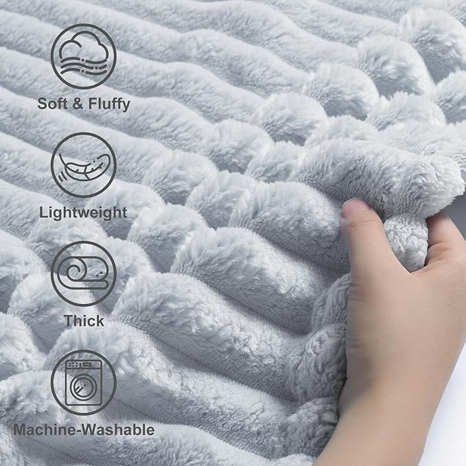 decorUhome Christmas Soft Fleece Light Grey Blanket Queen Size for Bed, Cozy Fluffy Plush Flannel Large Striped Throws for Couch Sofa, Lightweight Decorative Fuzzy Blanket for Woman, 90x90 Inches