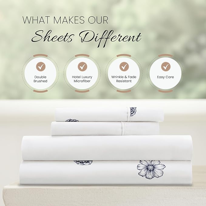Linen Market Double-Brushed Patterned Microfiber Queen Sheet Set 4 Piece – Oeko-TEX Certified Ultra Soft & Wrinkle-Free - 16" Deep Pocket Sheets - Easy Care Queen Size - Indigo Flowers Navy