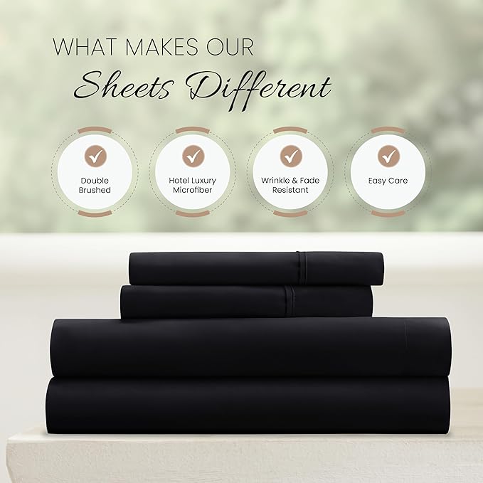 Linen Market Brushed Microfiber Full Sheet Set 4 Piece – Oeko-TEX Certified Ultra Soft & Wrinkle-Free - 16" Deep Pocket Sheets - Easy Care Full Size - Black