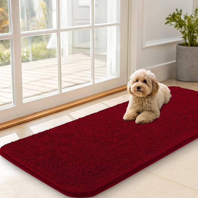 OLANLY Dog Door Mat for Muddy Paws 47x20, Absorbs Moisture and Dirt, Absorbent Non-Slip Washable Doormat, Quick Dry Chenille Mud Mat for Dogs, Entry Indoor Entryway Carpet for Inside Floor, Red