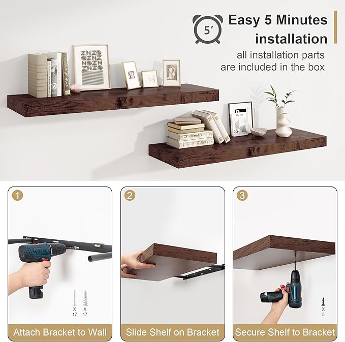 Heimlove Bathroom 12'' Deep Floating Shelves for Wall - Shelf Over Toilet Wall Mounted Farmhouse 24 inches,Wood Floating Shelves Decor & Storage Set of 1,Rustic Brown