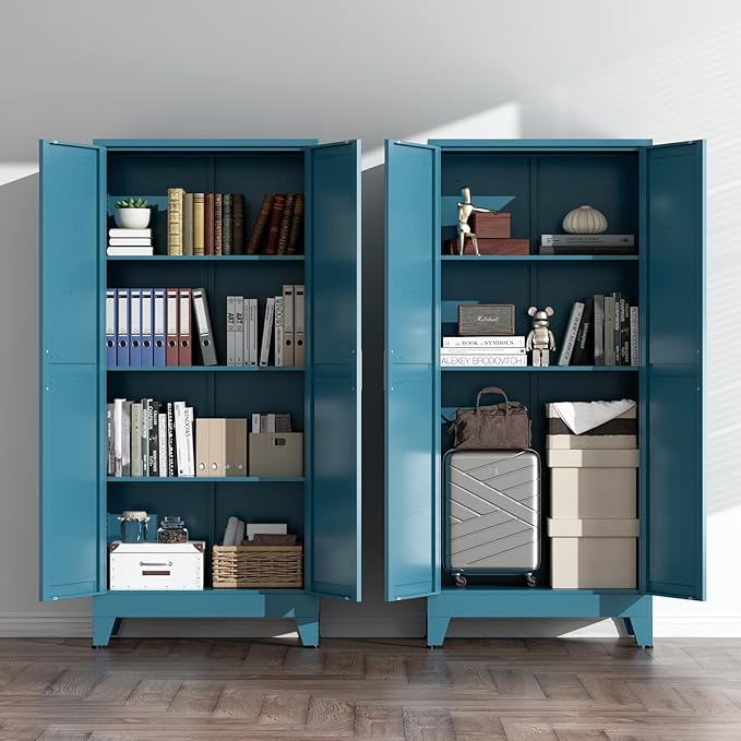 COFaR Home Farmhouse Storage Cabinet with 2 Barn Door, Tall Kitchen Pantry Cupboard with 3 Adjustable Shelves, for Dining Room, Bathroom, Living Room (Blue Green, 61" Farmhouse)