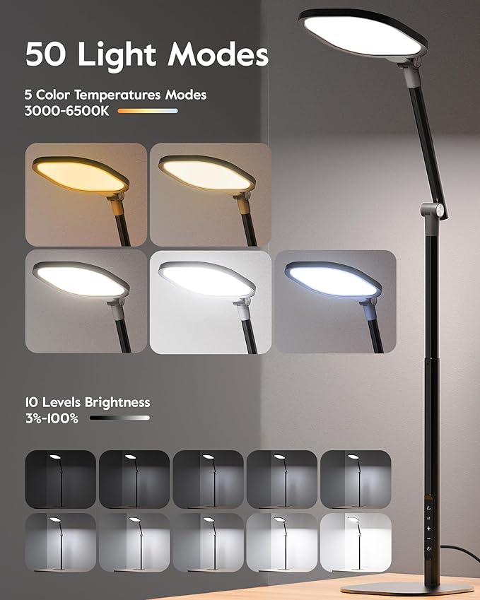 Led Desk Lamps for Home Office with Base, Tall Desk Lamp with 50 Light Modes & Memory and Timer Func Computer Light, Flexible Adjustable Table Lamps for Video Conference, Architect or Study( Black)