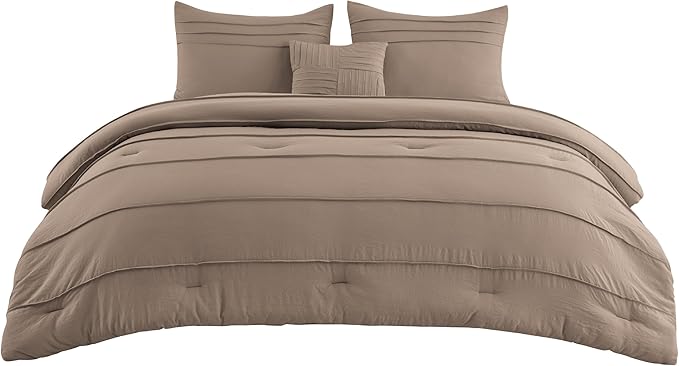 Bedsure Twin Comforter Set - 3 Pieces Pinch Pleat Bed Set, Brown Boho Bedding for All Season, 1 Soft Comforter, 1 Pillowcase, 1 Decorative Pillow