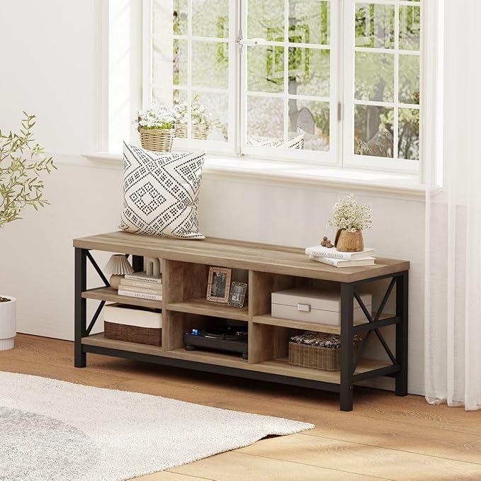 FATORRI Shoe Bench Entryway with Storage, Industrial Wood and Metal Hallway Benches with Adjustable Shelves, Rustic Entry Way Bench for Living Room (47.24 Inch Long, Rustic Oak)