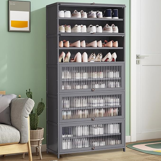 Bamboo Shoe Cabinet with Acrylic Door,10-Tier Shoe Storage Rack, 40-45 Pairs Freestanding Shoe Rack, Entrance Shoe Cabinet for Hallway Living Room