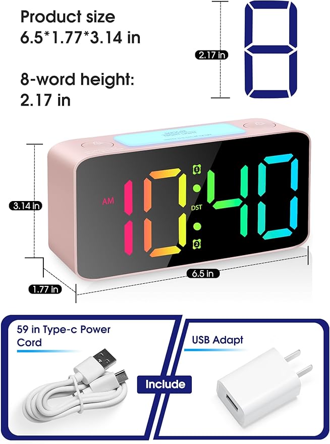 Cadmos Super Loud Alarm Clock for Heavy Sleepers Adults,Digital Clock with 7 Color NightLight,Adjustable Volume,USB Charger,Small Clocks for Bedrooms Bedside,ok to Wake for Kids,Teens (Pink+RGB)