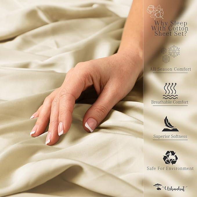 URBANHUT 800 Thread Count 100% Cotton Twin Size Sheets, Luxury 4 Piece Twin Bedsheets, Hotel Sheets Sateen Finish - Better Than Egyptian, 14" Elasticized Deep Pocket - Sand