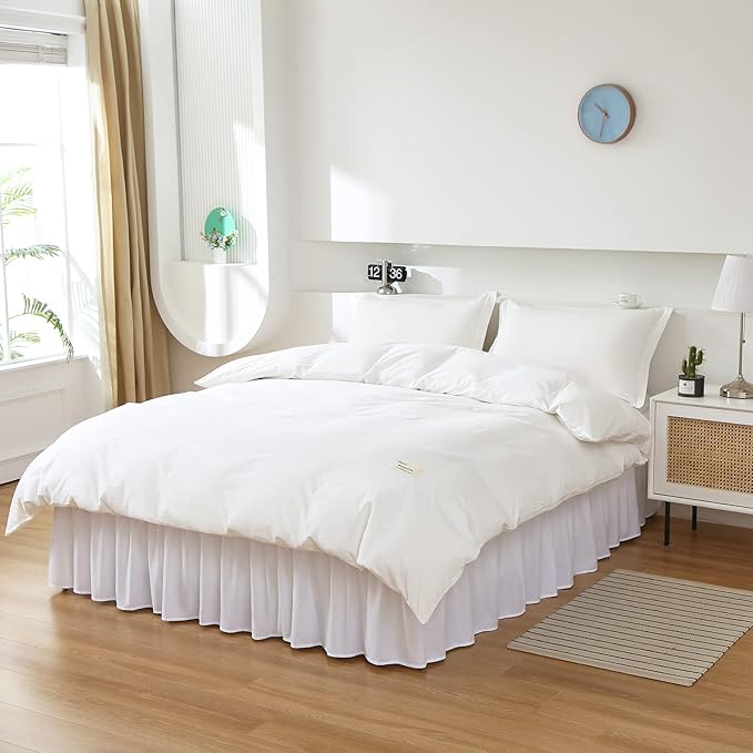 MEILA Wrap Around Bed Skirt Three Fabric Sides Elastic Dust Ruffled 24 Inch Tailored Drop,Easy to Install Fade Resistant-White, Twin/Full